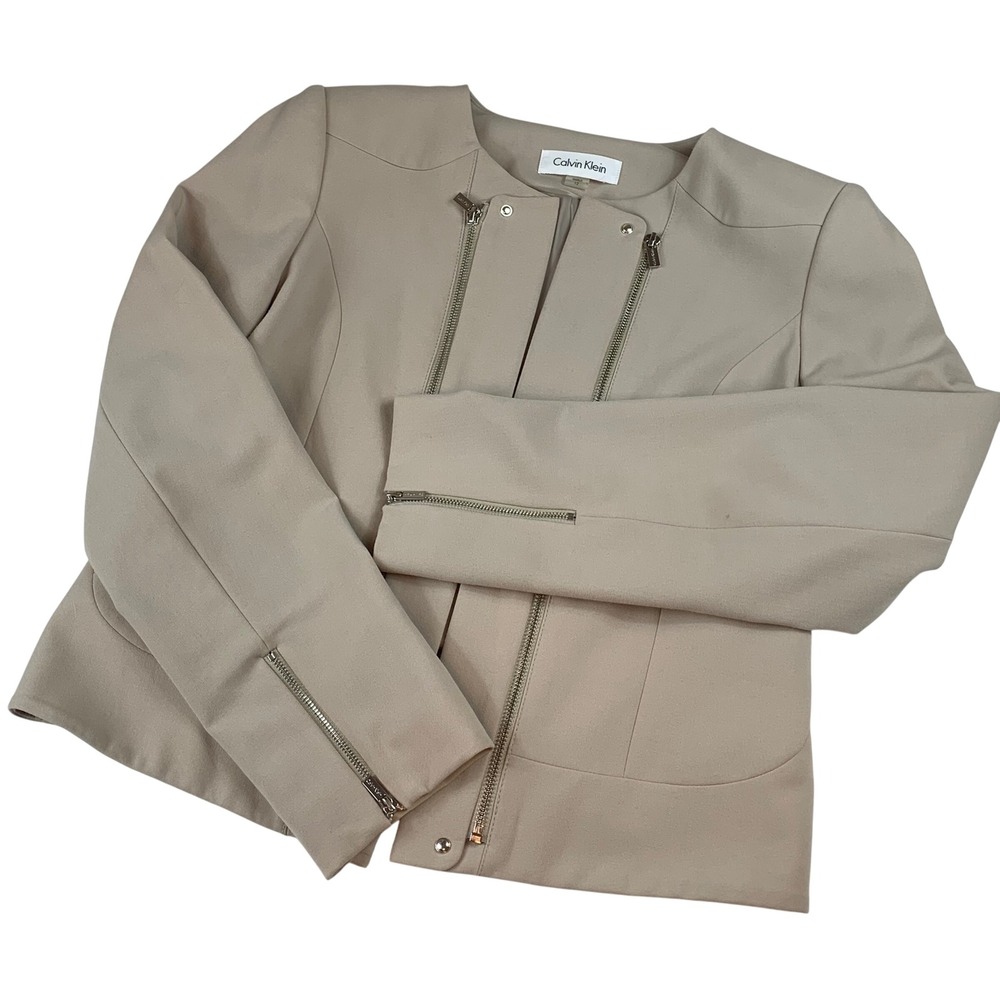 Calvin Klein Womens Beige Double Zip Collarless Moto Jacket Size 12 Tan Silver